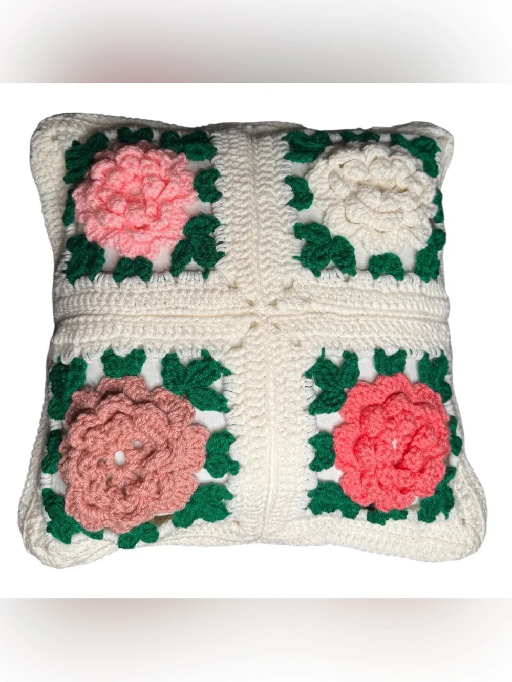 Handmade 16” 3D roses granny square pillow - different colors on each side!